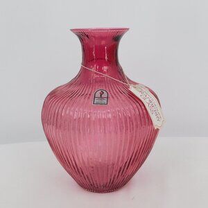 Pilgrim Cranberry Glass Ribbed Vase 8" tall Original Tag Sticker Vintage MCM